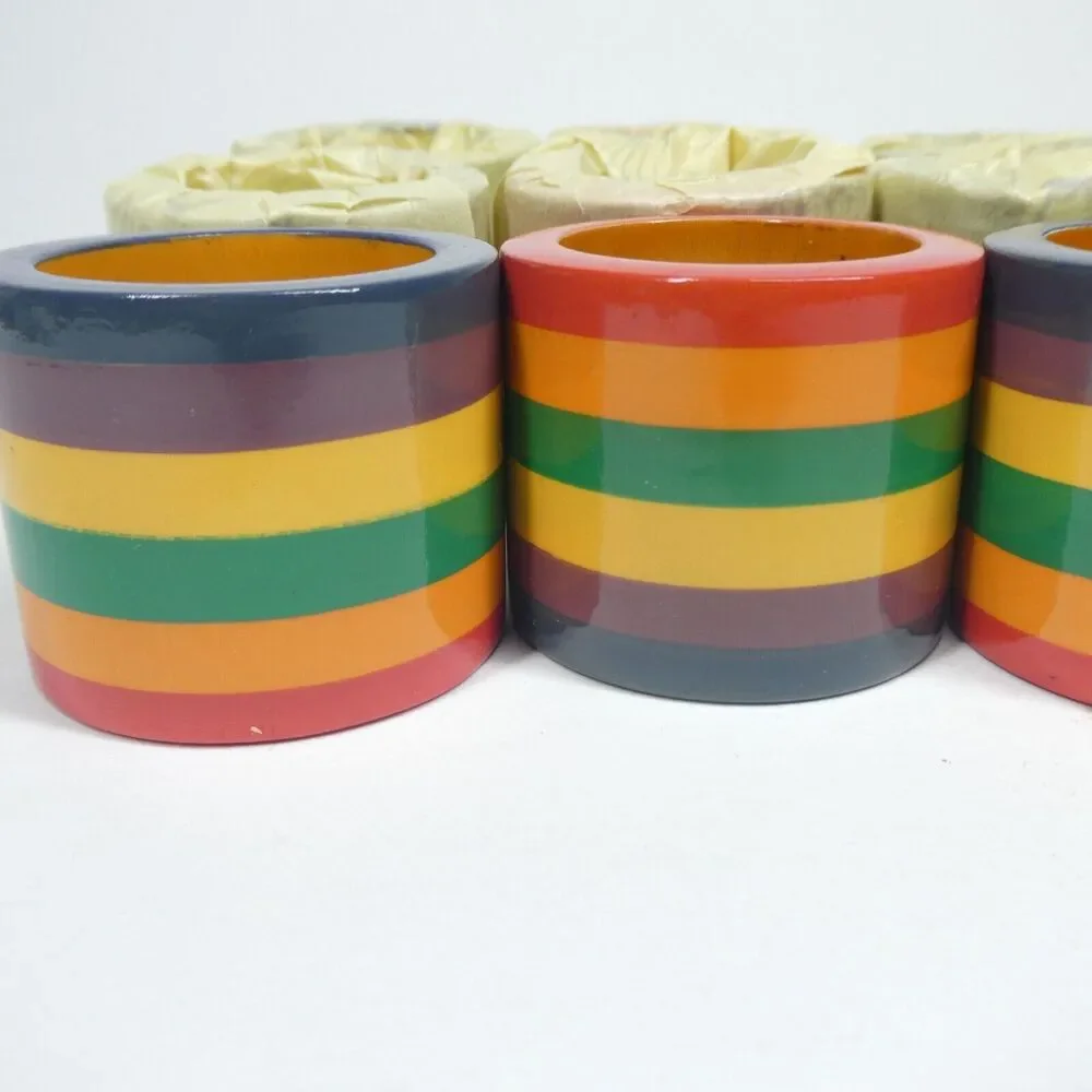 12 Rainbow Striped Wooden Napkin Rings Vintage India Vibrant Colorful Decor